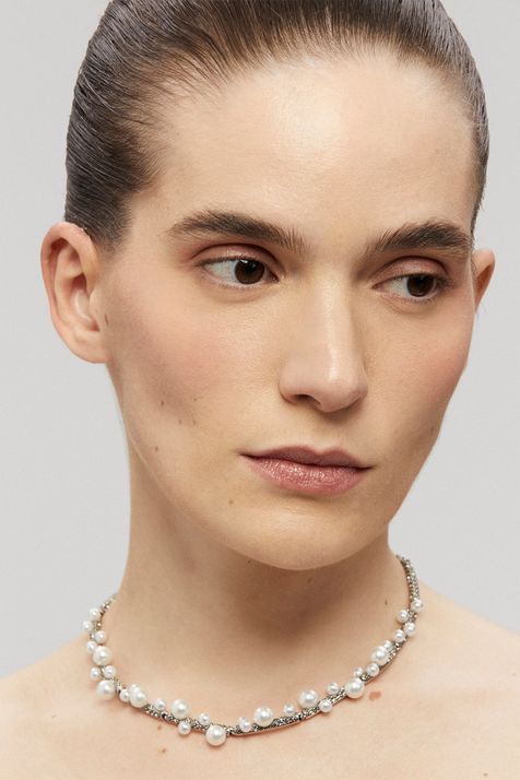 Choker Strass e Pérolas Fascínio Prata Boho
