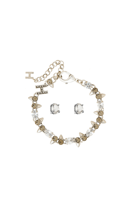 Pulseira Strass e Brinco Sementes Prata Boho