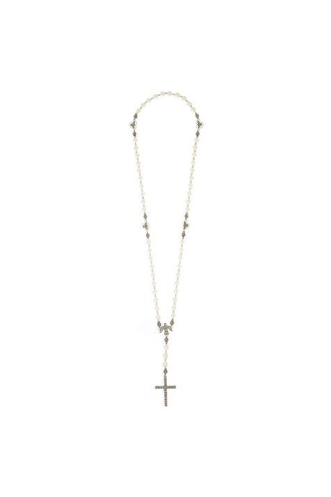 Colar Terço Espírito Santo Pérolas Fé III Prata Boho - TU