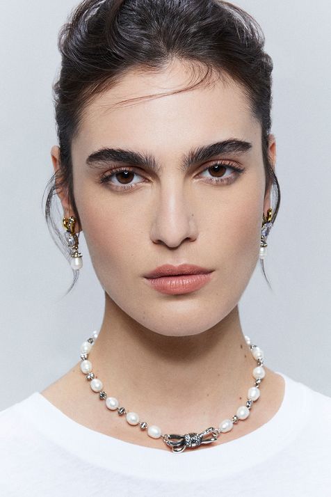 Choker Duo Pérolas Romance Laço Prata Boho TU