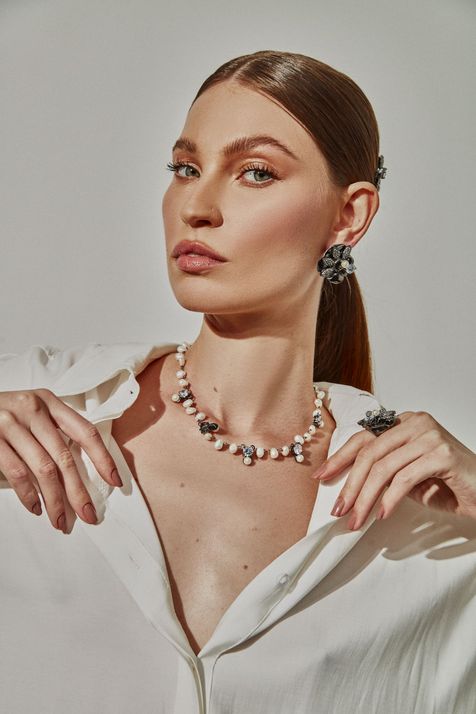 Anel Botão Zircon Pearl Floratta Grafite P