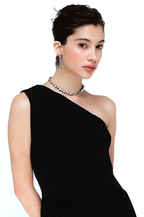 Colar Curto Zircônias Camélia Prata Boho - TU
